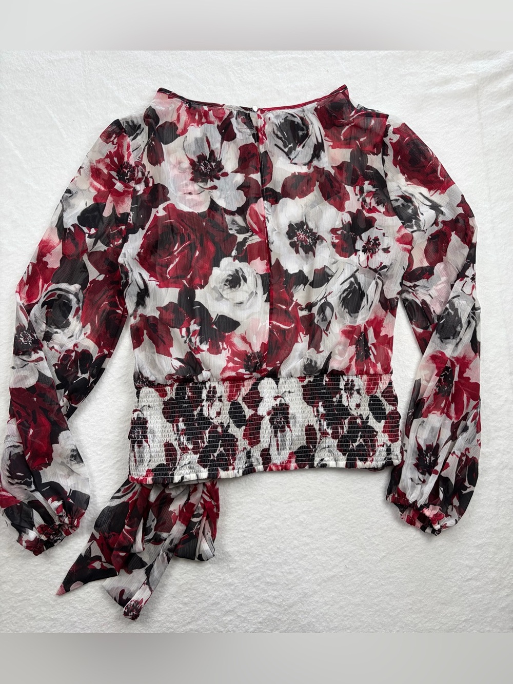 White House Black Market‎ Red, Black & White Floral Tie-Waist Blouse - Picture 2 of 8